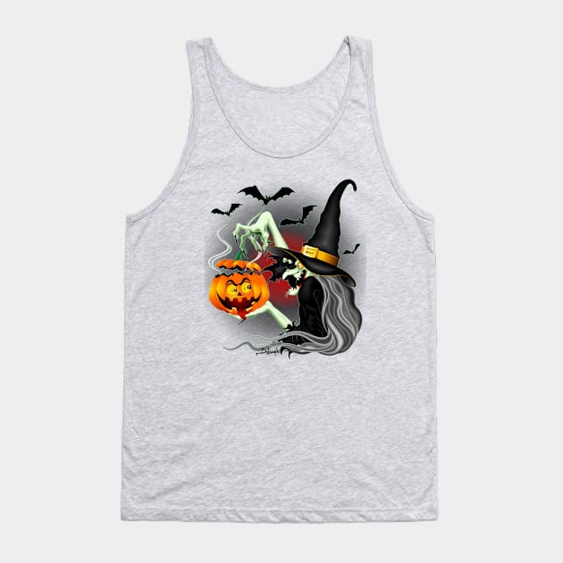 Witch with Jack O'Lantern and Bats Tank Top by BluedarkArt